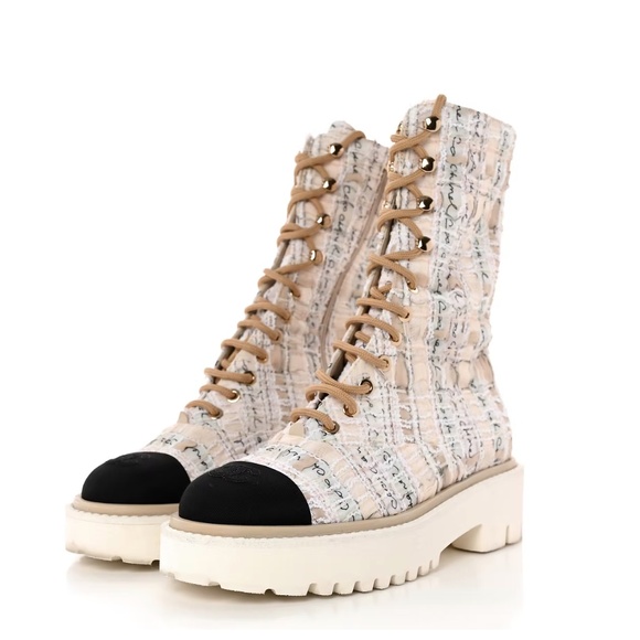 Chanel Tweed Grosgrain Cap Toe Lace Up Combat - Picture 1 of 4